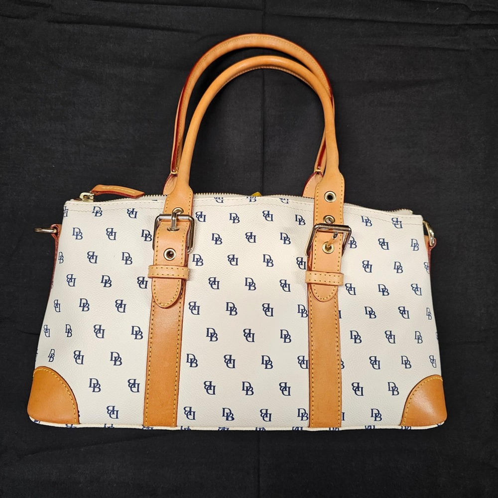 Dooney & Bourke Gretta Monogram Satchel White Navy Leather Trim DB Logo Bag